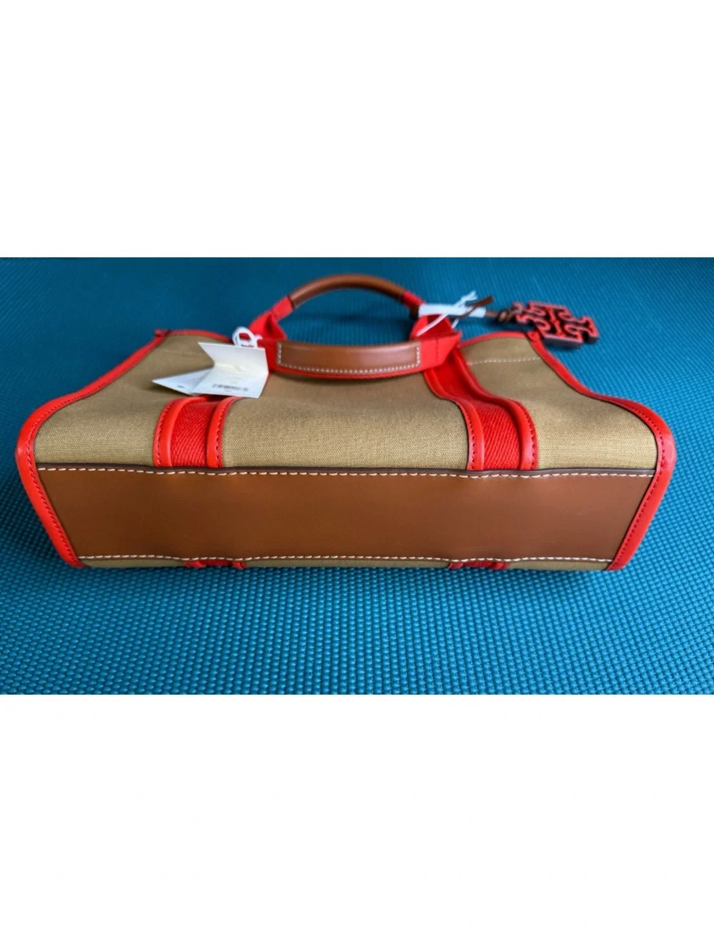 Tory Burch Brown Orange Tory Small Twill Canvas Tote Handbag